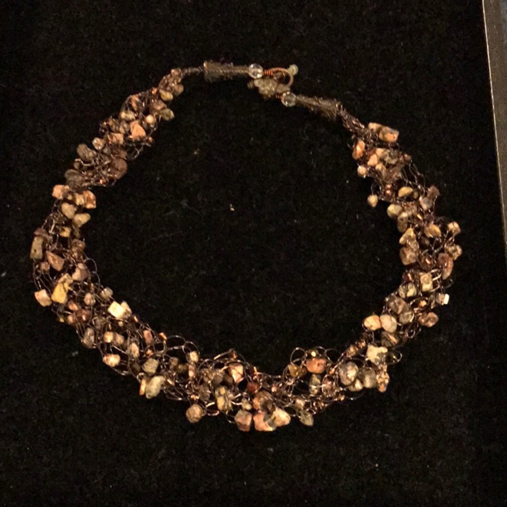 Woven metal necklace with Coral, Black &Tan stones